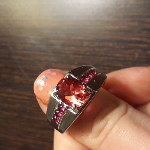 Men's Salmon Quartz & Ruby CZ Stainless Steel Ring - Picture 13 of 14